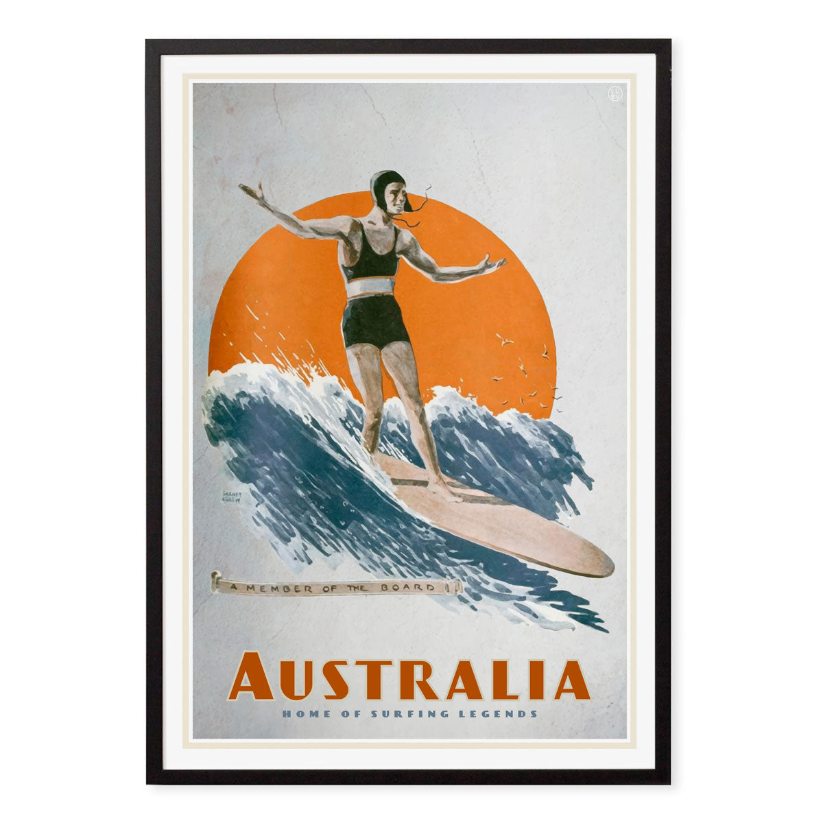 Australia retro surfer on longboard poster print in black frame from Places We Luv