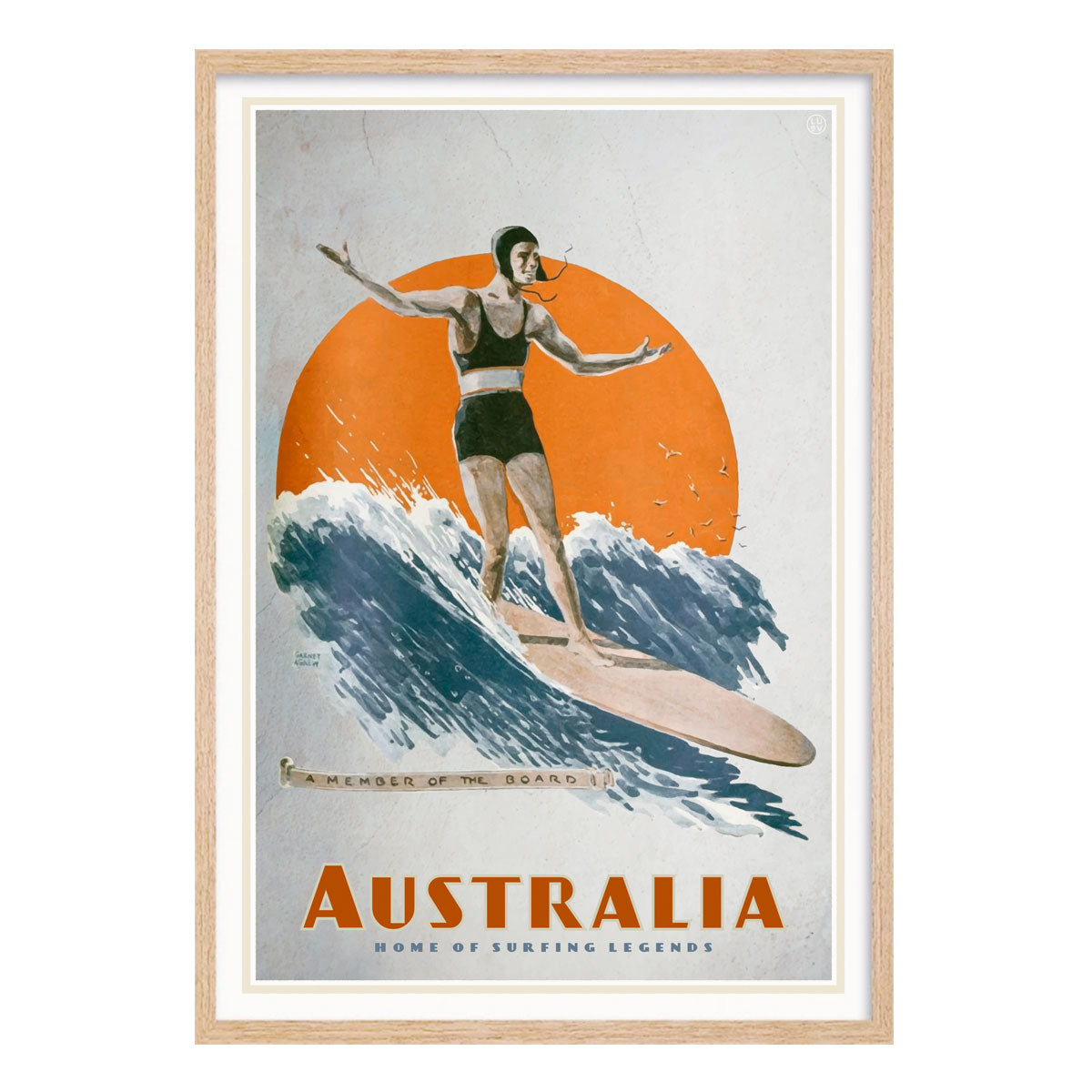 Australia retro surfer on longboard poster print in oak frame from Places We Luv