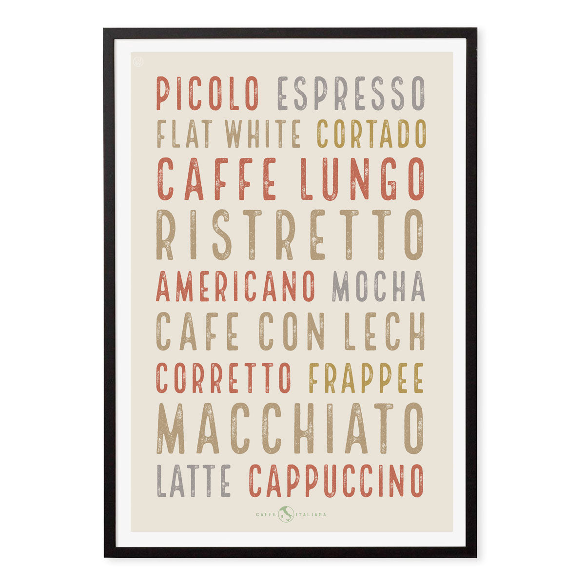 Retro vintage light Italian Coffee poster print in black frame from Places We Luv