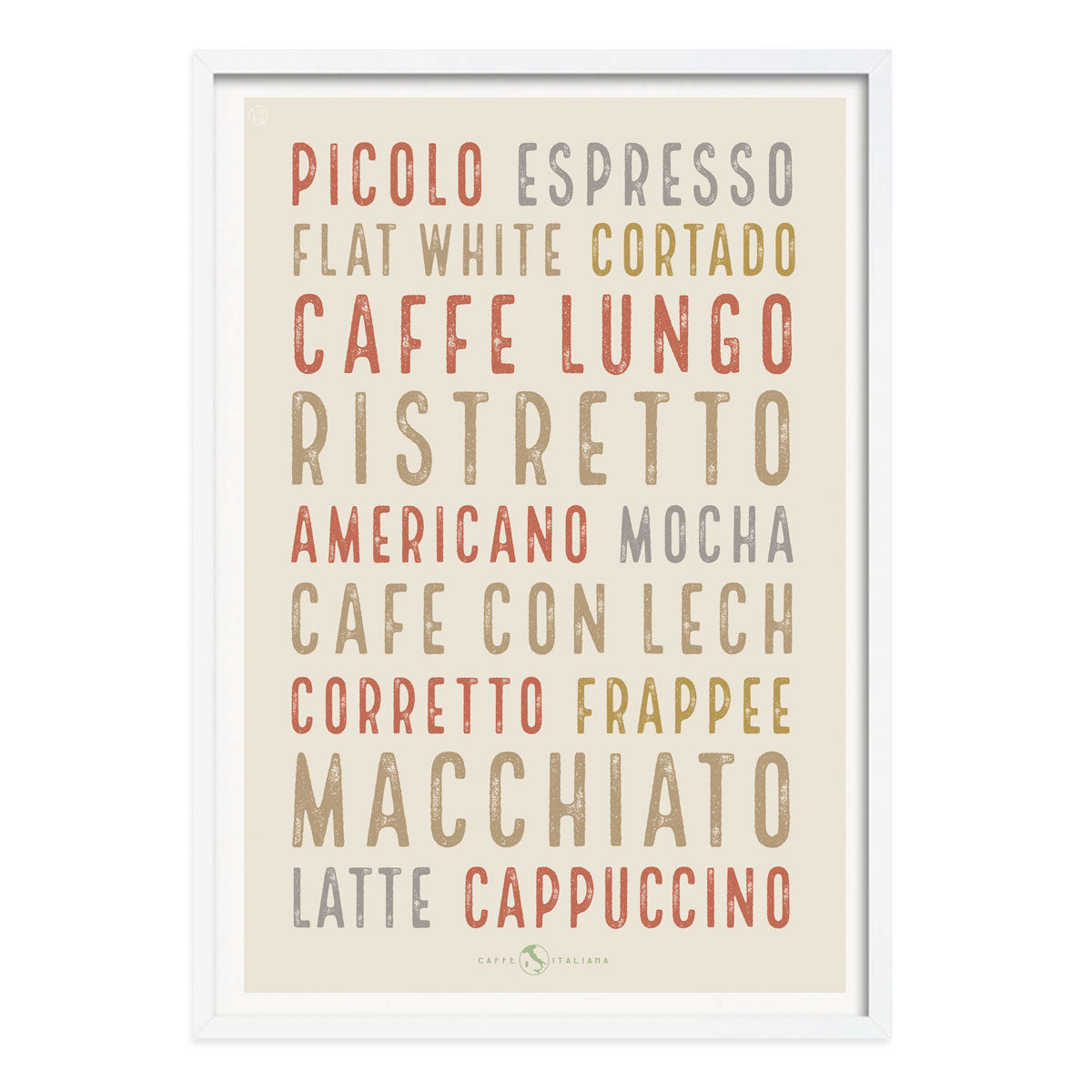 Retro vintage light Italian Coffee poster print in white frame from Places We Luv