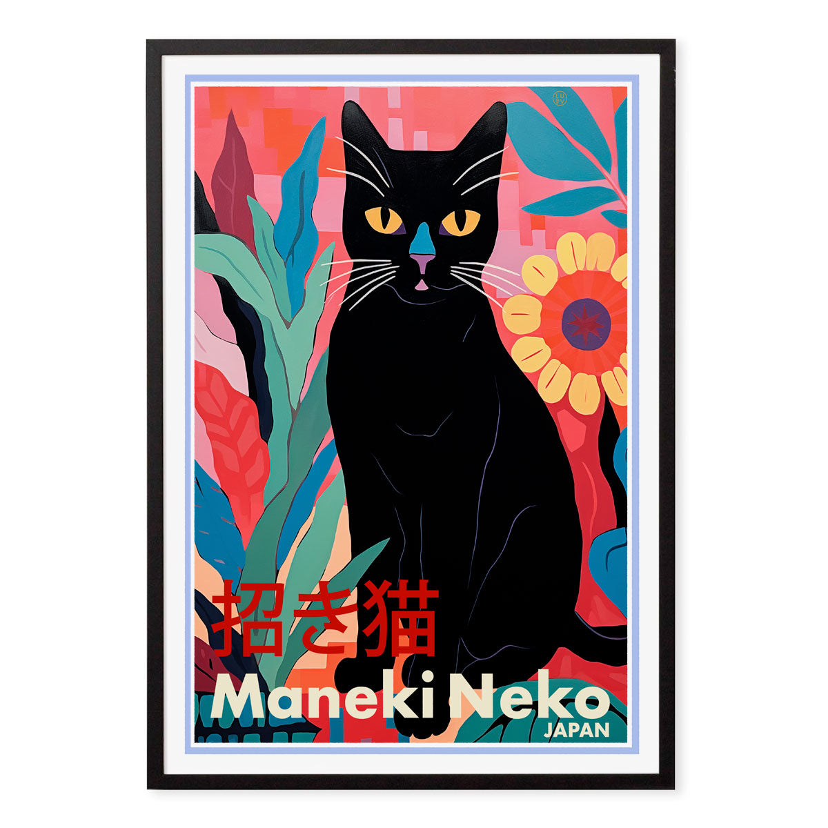 Retro poster Maneki Neko Japan Black Cat print in black frame from Places We Luv