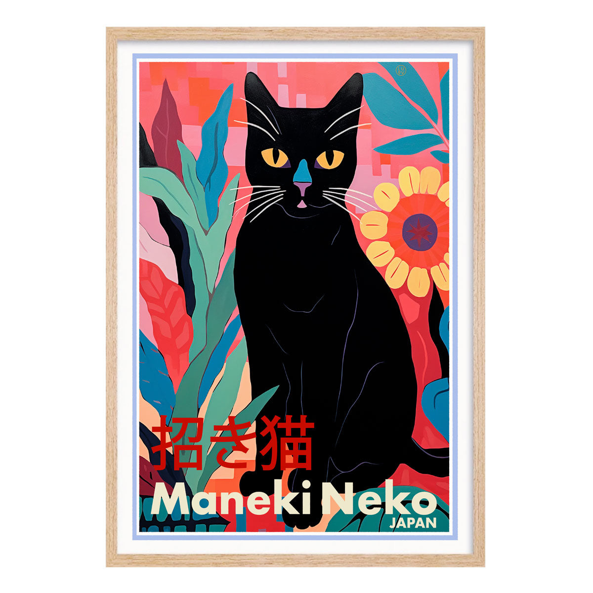 Retro poster Maneki Neko Japan Black Cat print in oak frame from Places We Luv