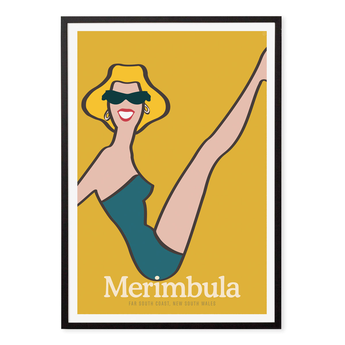 Merimbula beach girl retro poster in black frame from Places We Luv