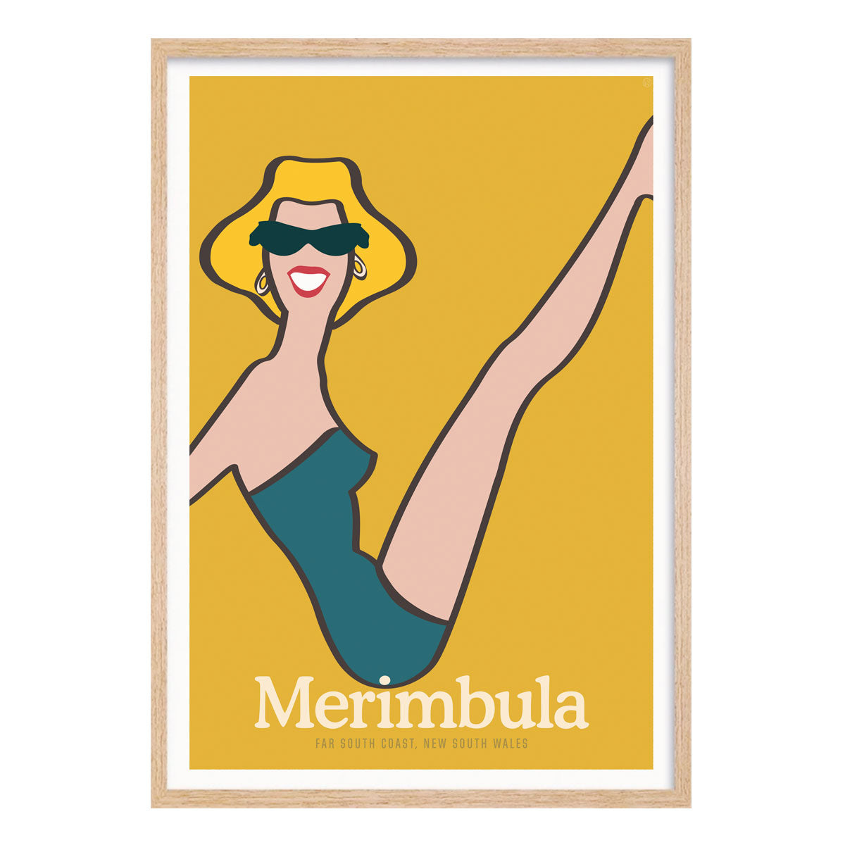 Merimbula beach girl retro poster in oak frame from Places We Luv