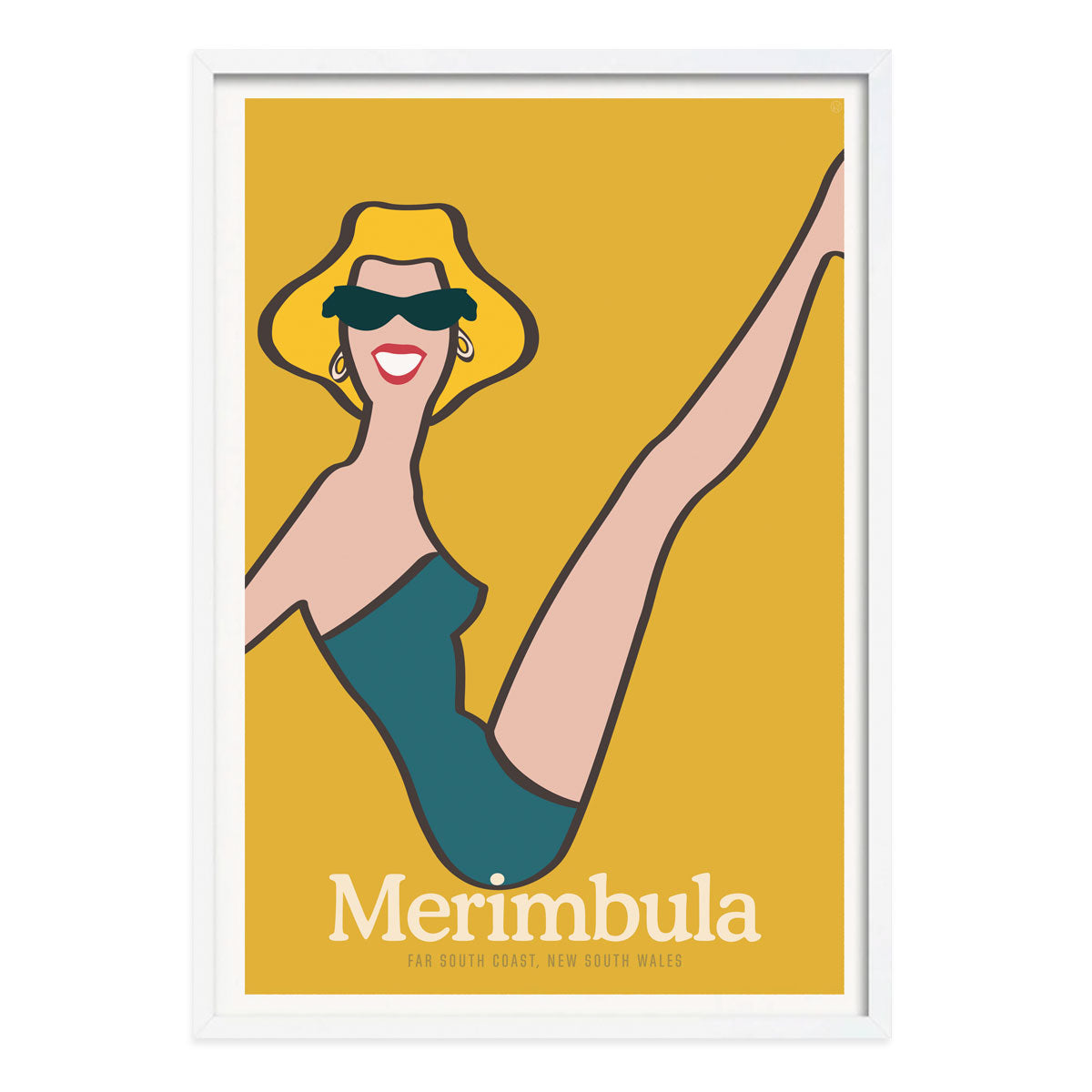 Merimbula beach girl retro poster in white frame from Places We Luv