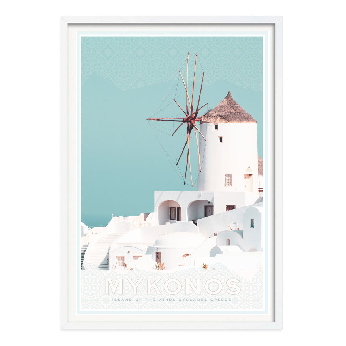 Mykonos Greek Island Windmill retro poster print in white frame from Places We Luv