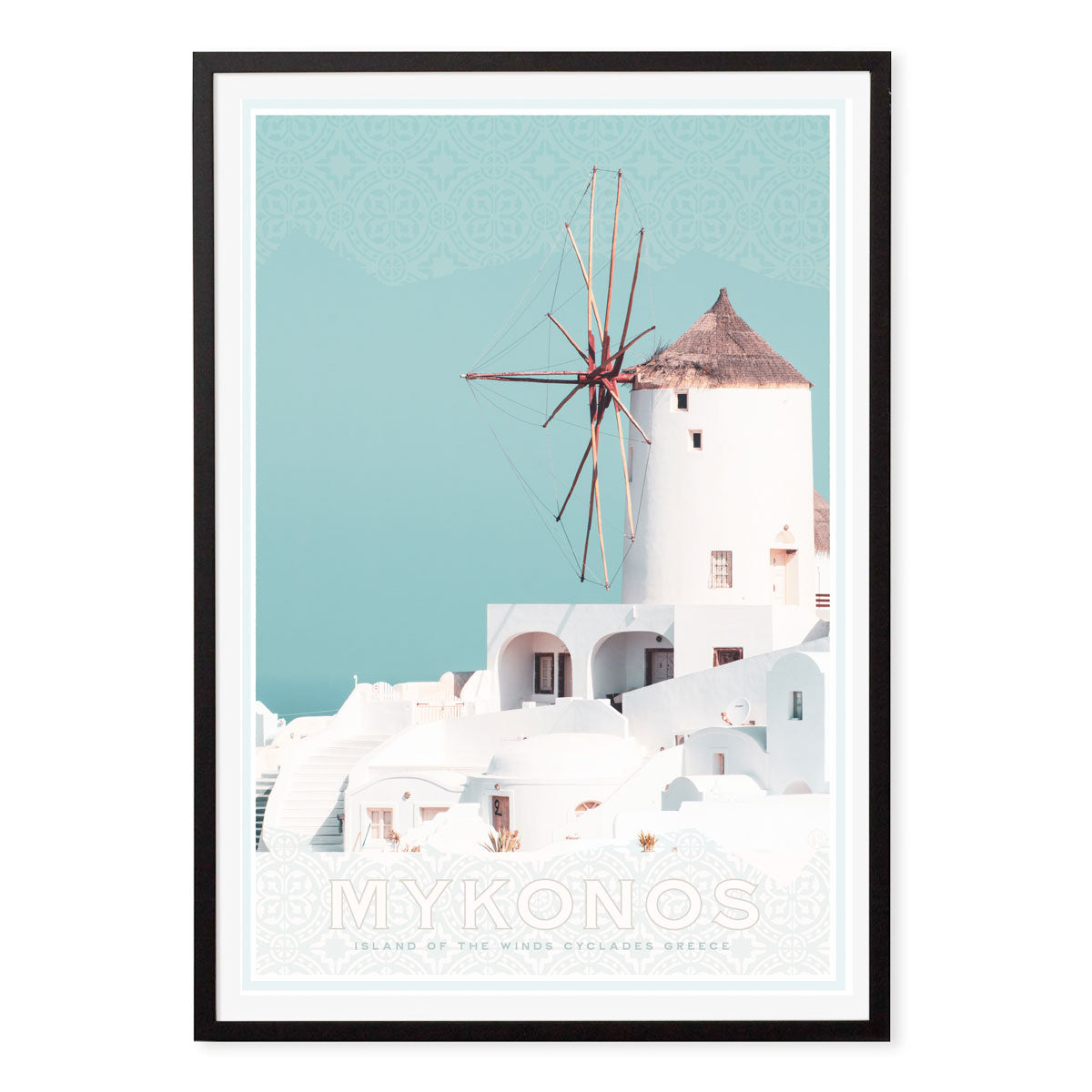 Mykonos Greek Island Windmill retro poster print in black frame from Places We Luv