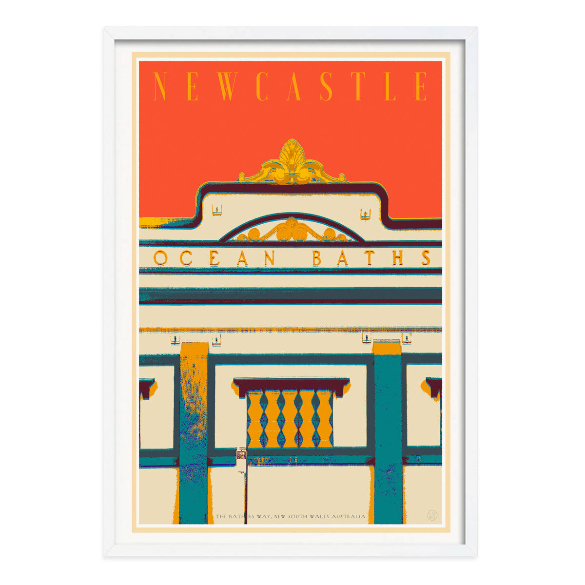 Newcastle art orange retro vintage print poster in white frame from Places We Luv