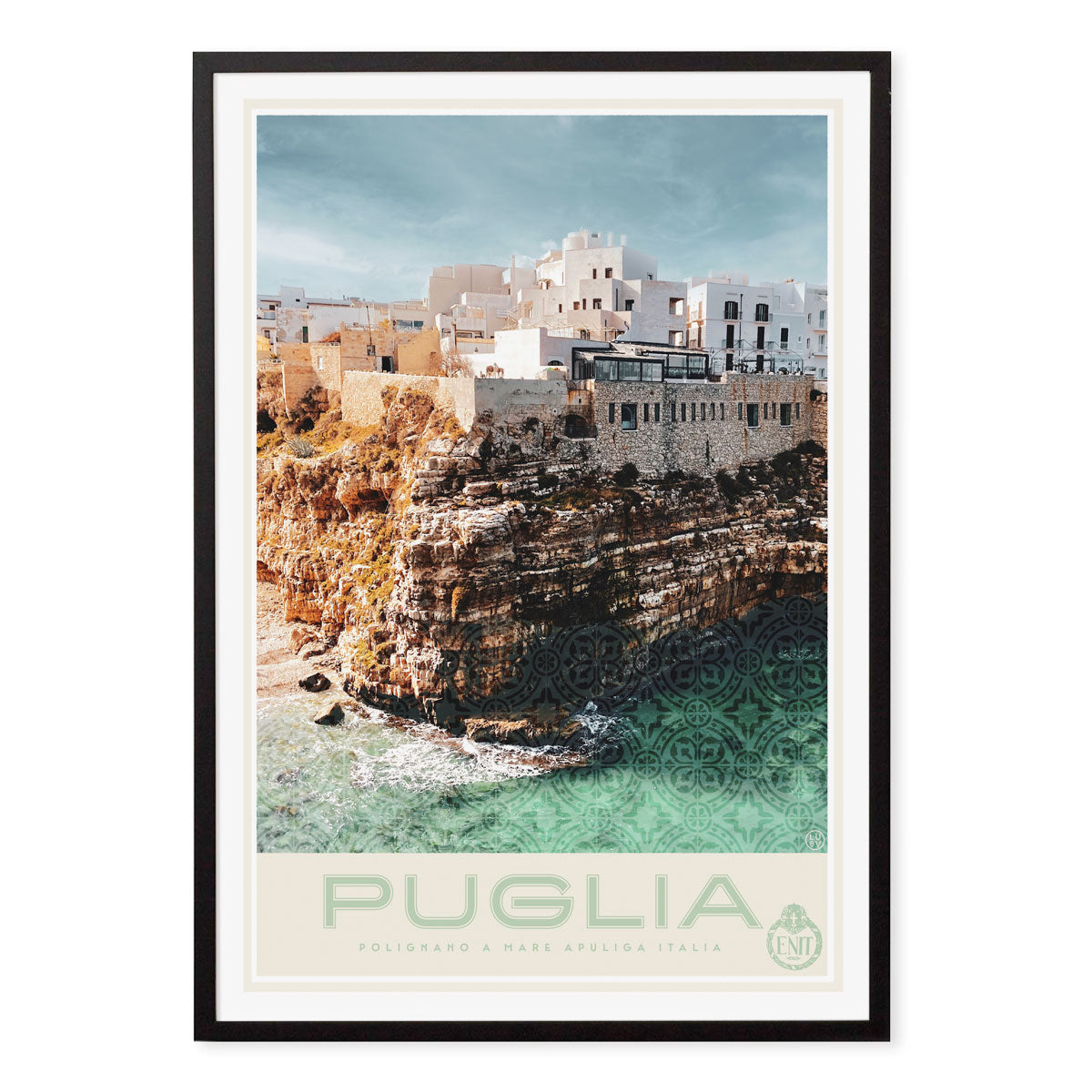 Puglia coast retro vintage poster print in black frame from Places We Luv