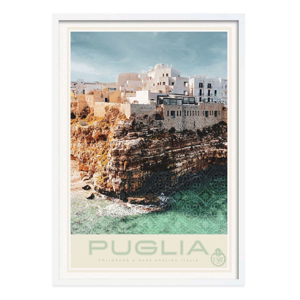 Puglia coast retro vintage poster print in white frame  from Places We Luv