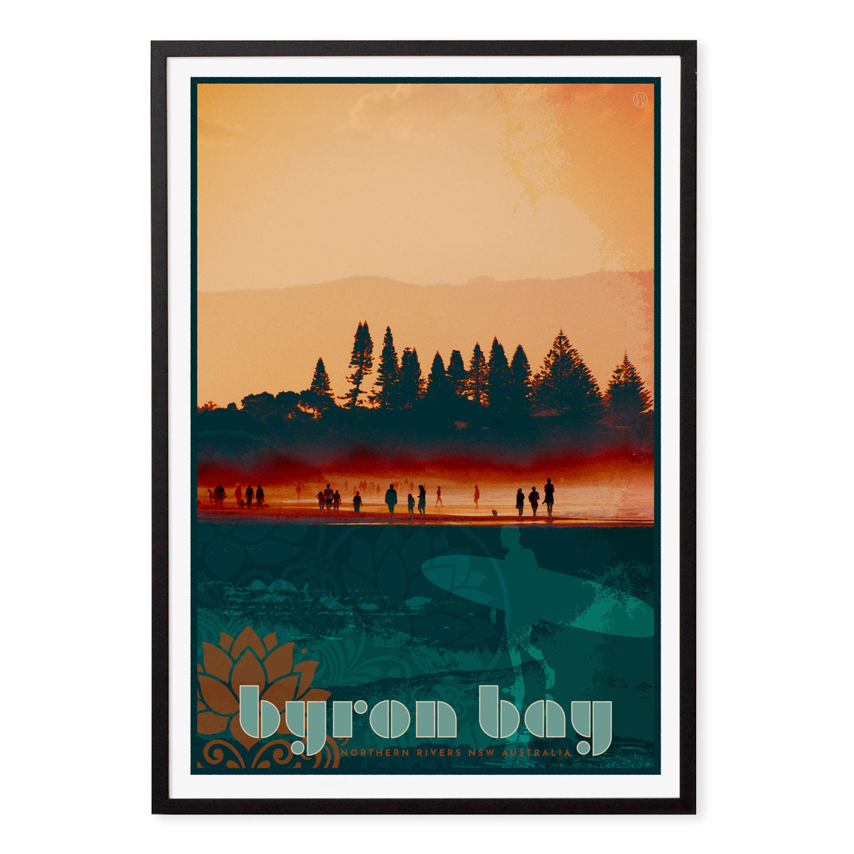 Byron Bay Beach retro vintage poster  print in black frame from Places We Luv