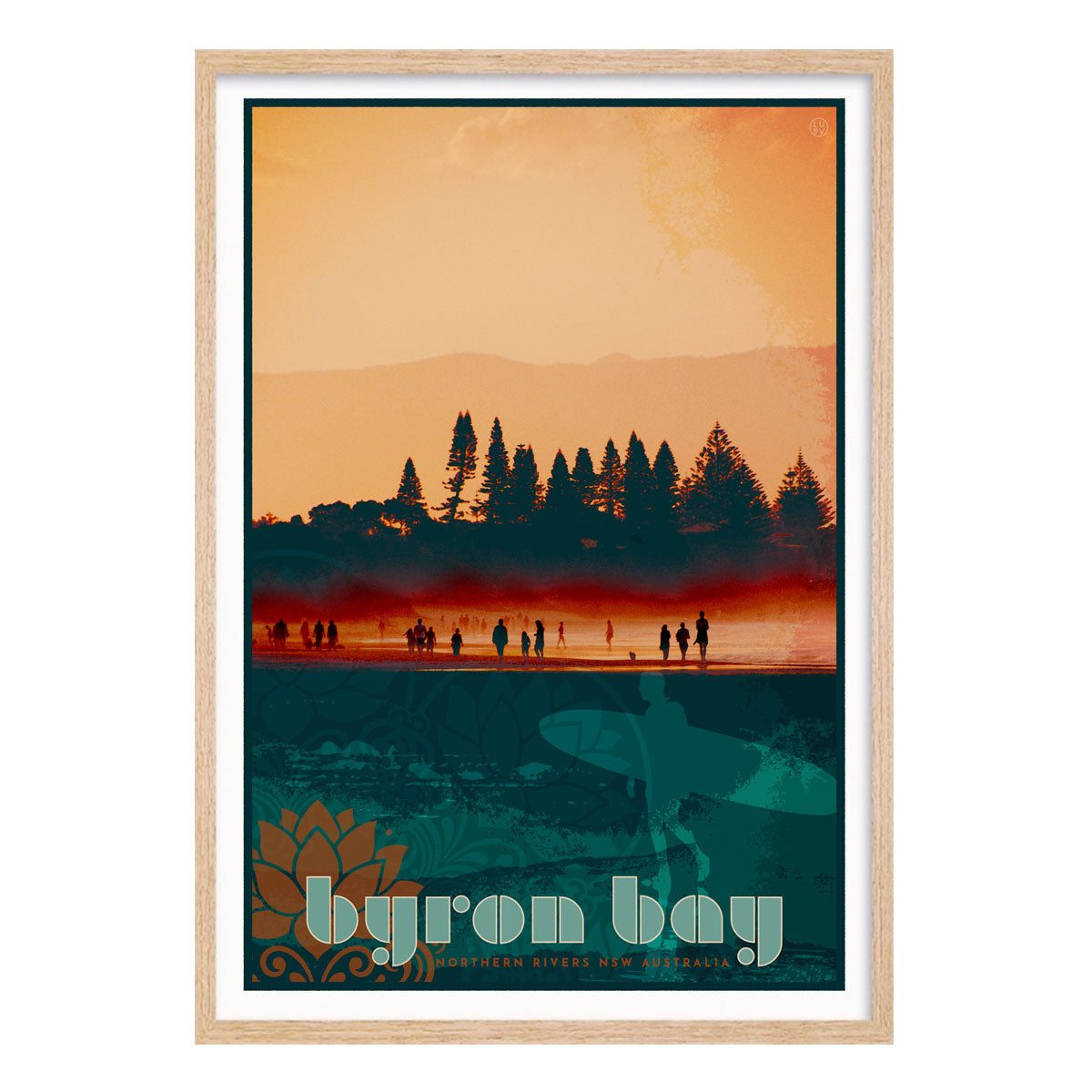 Byron Bay Beach retro vintage poster  print in oak frame from Places We Luv