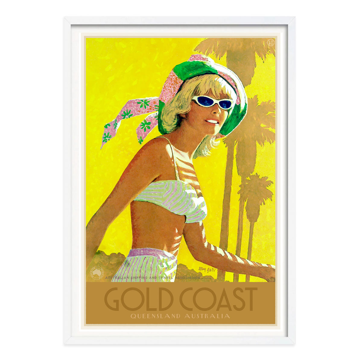 Gold Coast Queensland, retro vintage advertising poster print in white frame from Places We Luv