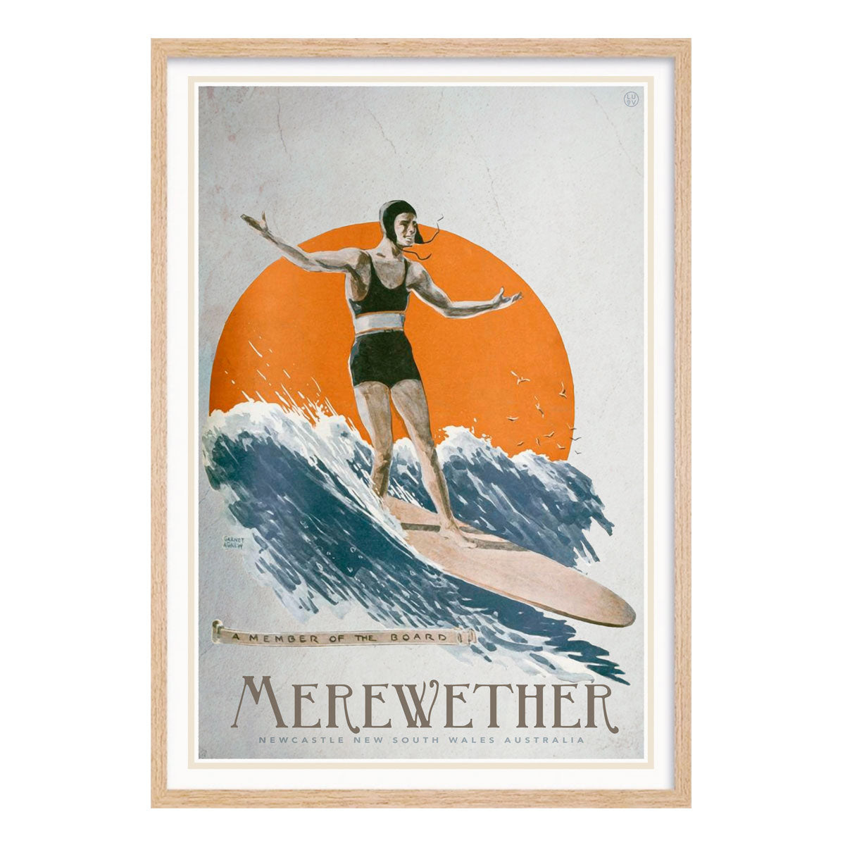 Merewether retro vintage surfer poster print in oak frame from Places We Luv