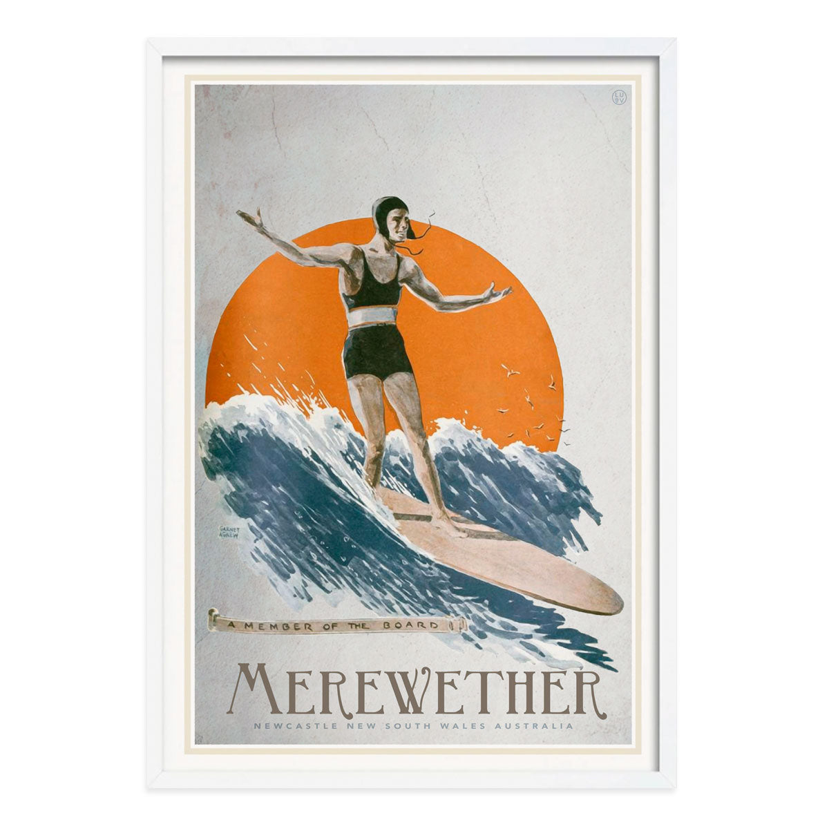 Merewether retro vintage surfer poster print in white frame from Places We Luv